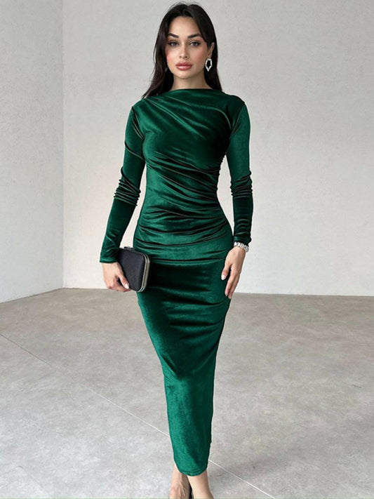 Women Fashion Solid Color Slim Fit Pleated Round Neck Long SleevePencil Dress