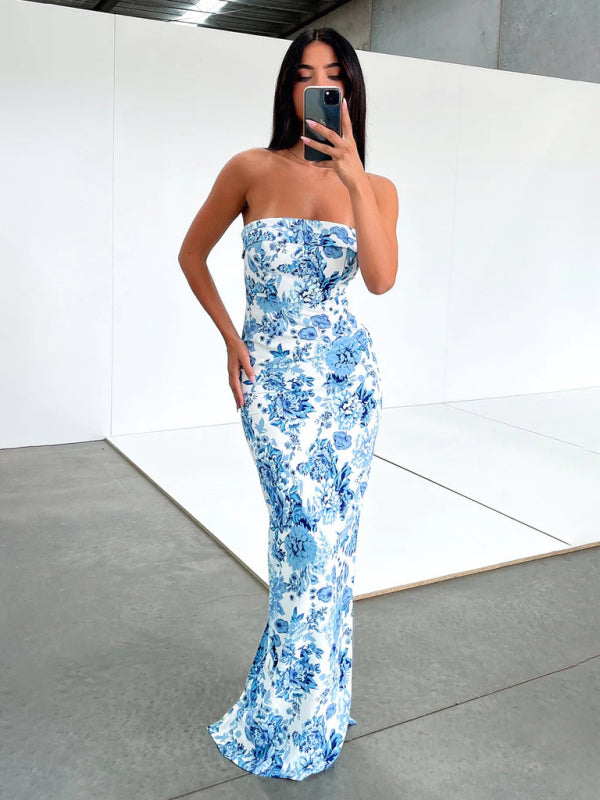 Sexy tube top slit cocktail backless long maxi party dress