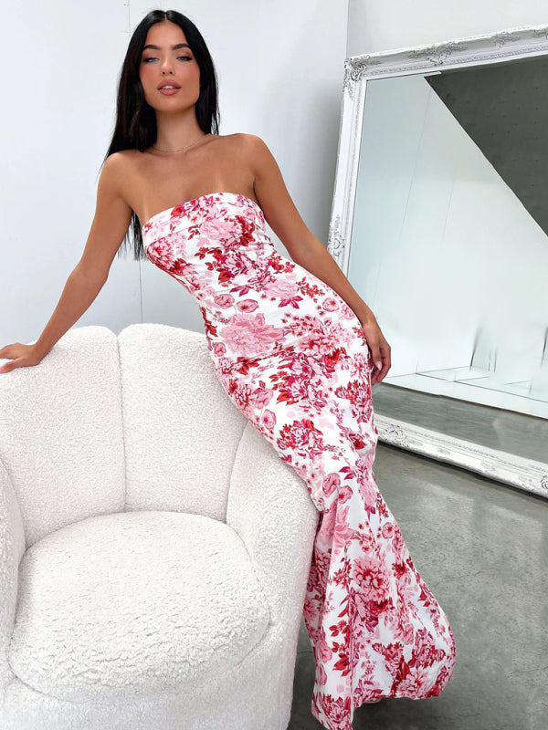 Sexy tube top slit cocktail backless long maxi party dress