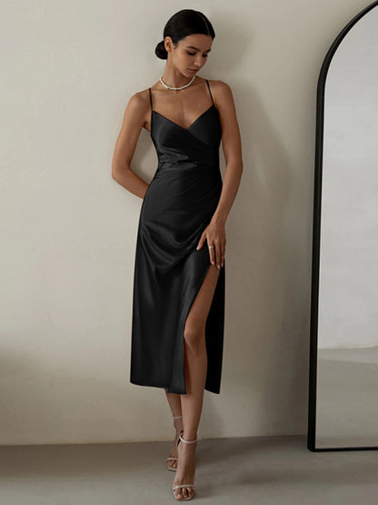 Sexy V-neck pleated waist suspender slit midi long party dress