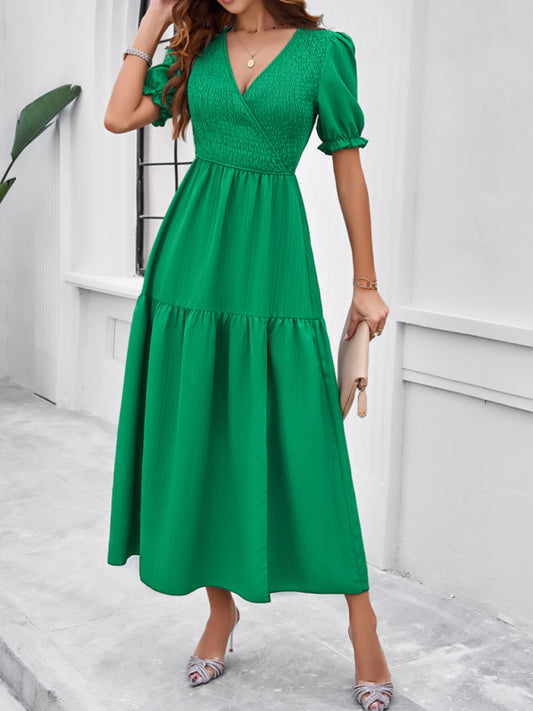 Women Fashion solid color temperament V-neck short-sleeved long skirt Dress