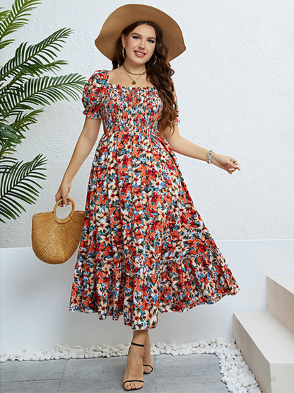 Plus size women fashion floral one-shoulder waist slim party dress