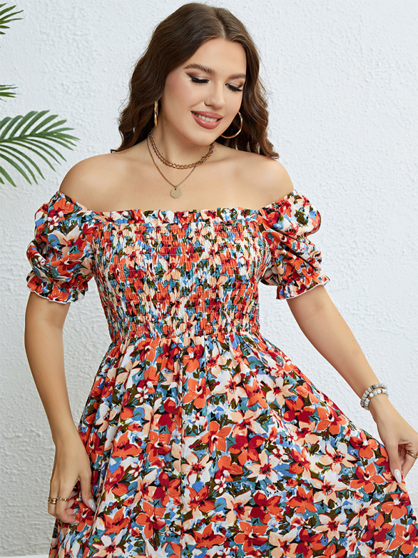 Plus size women fashion floral one-shoulder waist slim party dress