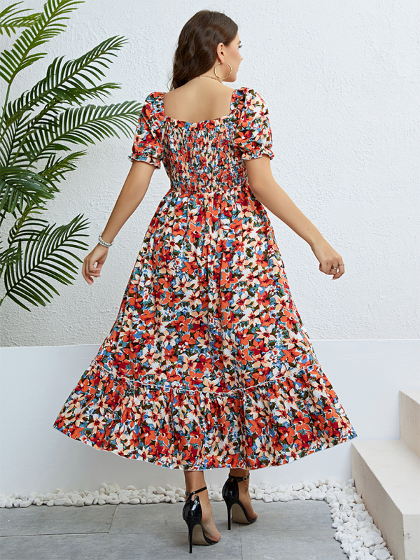 Plus size women fashion floral one-shoulder waist slim party dress