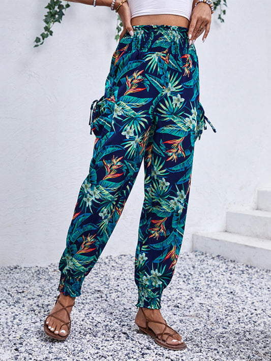 Women Work Tropical Pockets Print Leggings Pant Trousers