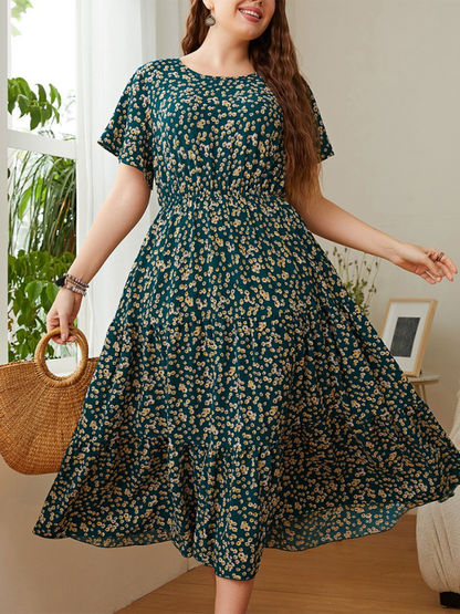 Plus size women fashion round neck printed waist party dress