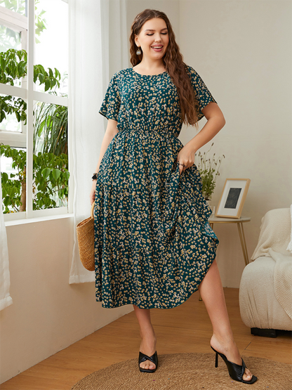 Plus size women fashion round neck printed waist party dress