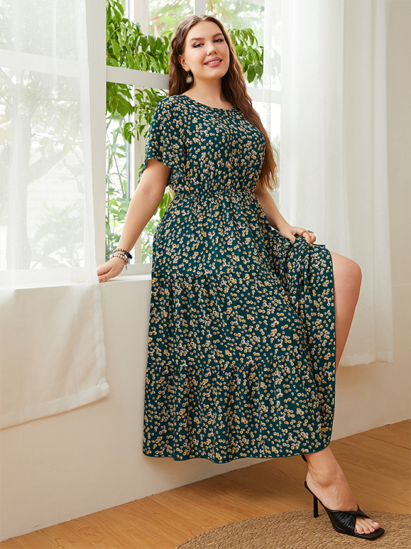 Plus size women fashion round neck printed waist party dress