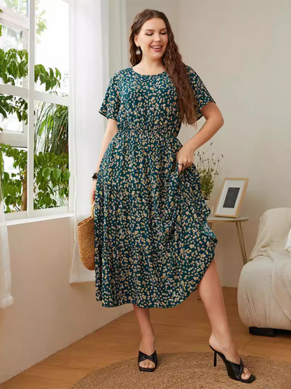 Plus size women fashion round neck printed waist party dress