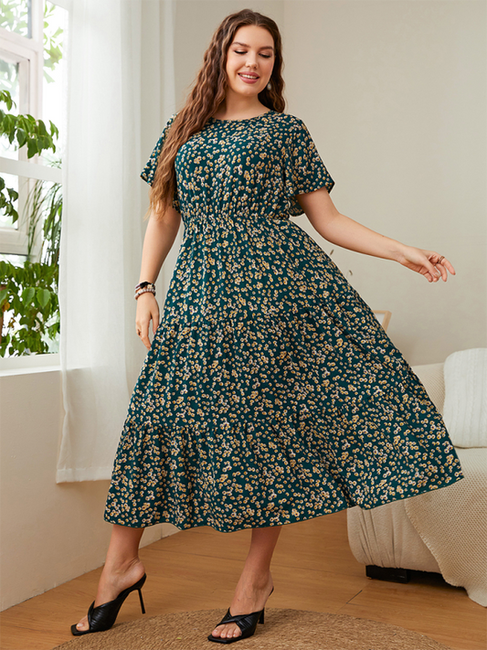 Plus size women fashion round neck printed waist party dress