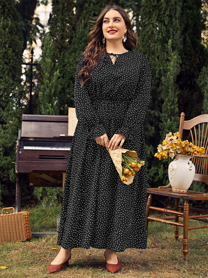 Plus size women polka-dot loose long-sleeved party dress