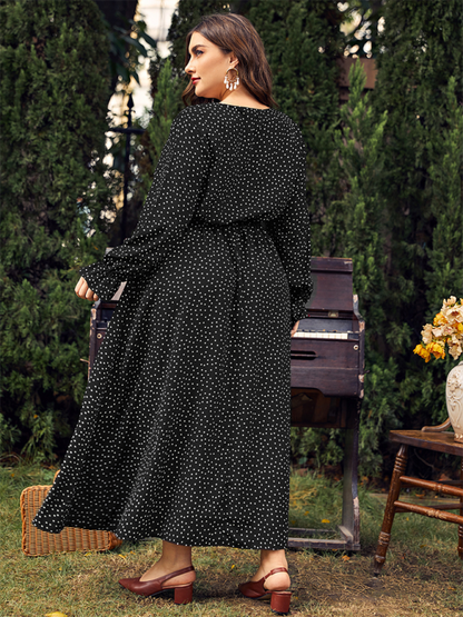 Plus size women polka-dot loose long-sleeved party dress