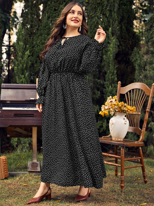 Plus size women polka-dot loose long-sleeved party dress