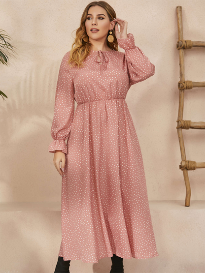 Plus size women polka-dot loose long-sleeved party dress