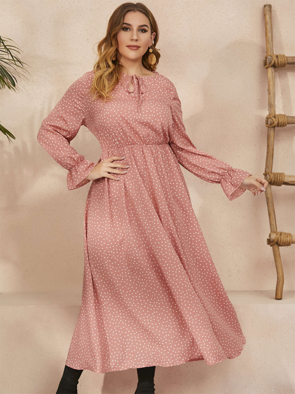 Plus size women polka-dot loose long-sleeved party dress