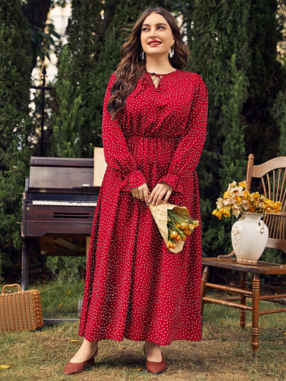 Plus size women polka-dot loose long-sleeved party dress