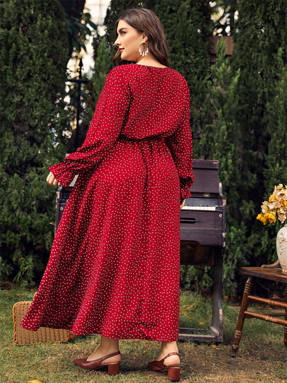 Plus size women polka-dot loose long-sleeved party dress