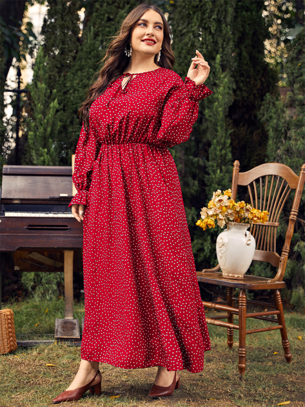 Plus size women polka-dot loose long-sleeved party dress