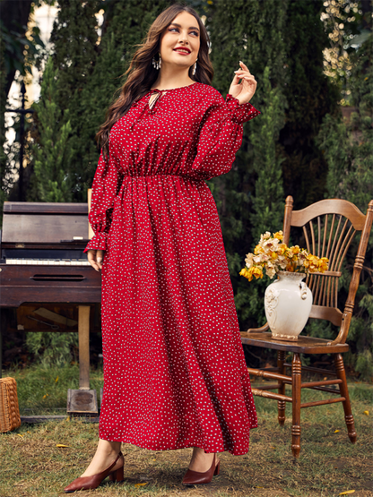 Plus size women polka-dot loose long-sleeved party dress