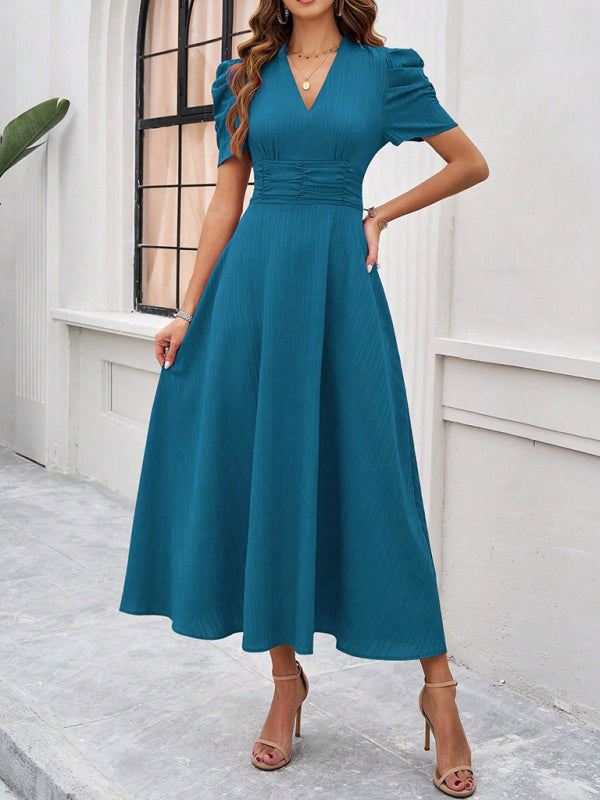 Women Elegant solid color waist Long Maxi Party Dress