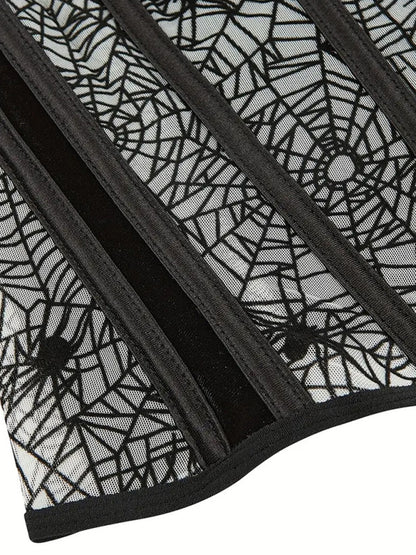 Sexy Halloween Fish Bone Shape Waistband Spider Printed Corsets Bustier