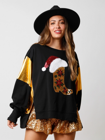 Women Christmas Sequin Long Sleeve Top Pullover Sweater Sweatshirt