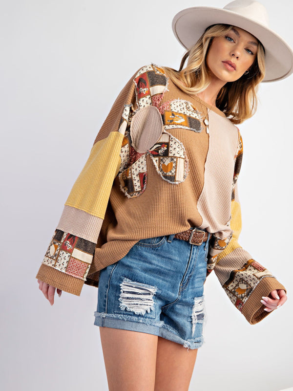 Women Contrast Print Waffle Tops Loose Sweatshirt Sweater