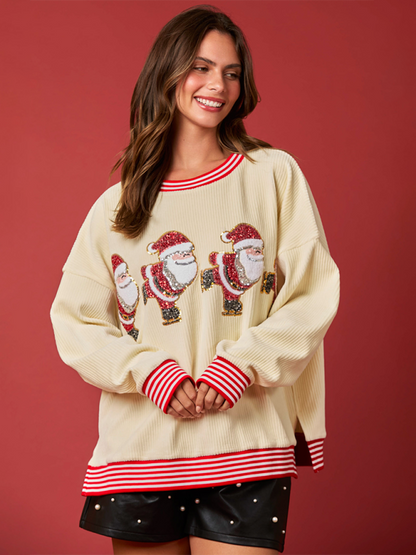 Women Christmas Sequin Corduroy Color Block Stripe Top Sweater Sweatshirt