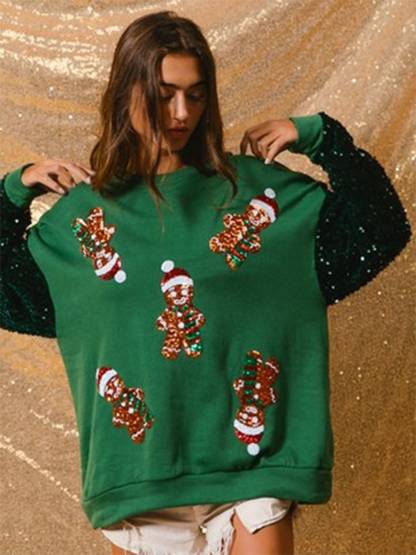 Women Sequin Sleeve Tops Christmas Long Sleeve Sweater Sweatshirts