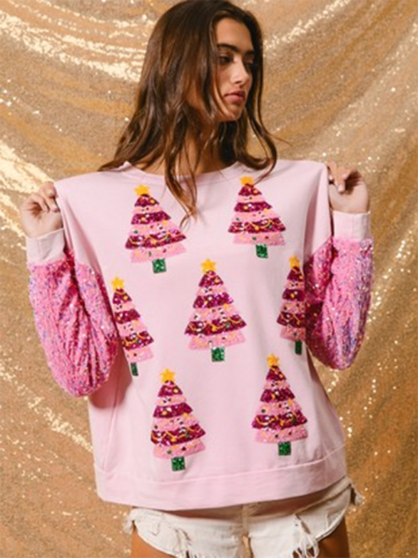 Women Sequin Sleeve Tops Christmas Long Sleeve Sweater Sweatshirts