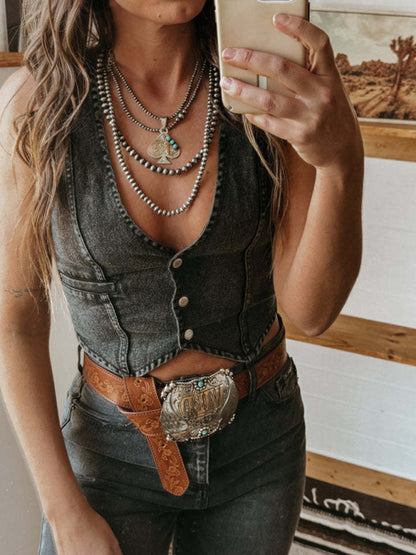 Women Girl Sleeveless Single Breasted V-Neck Top Denim Vest Jacket