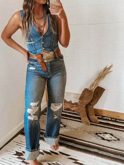 Women Girl Sleeveless Single Breasted V-Neck Top Denim Vest Jacket