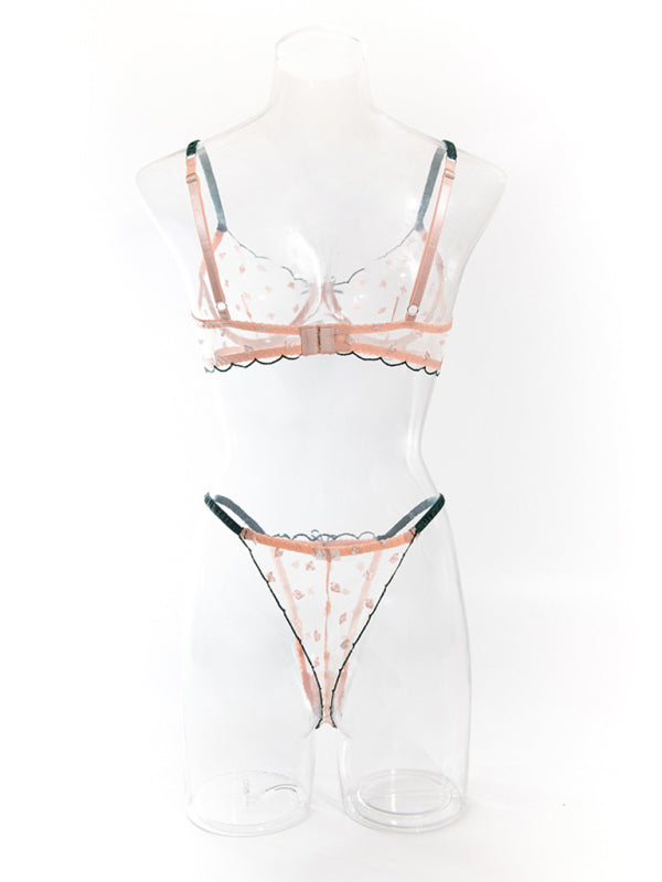 Sexy pattern embroidery transparent Top Panties lace underwire gathered Underwear set