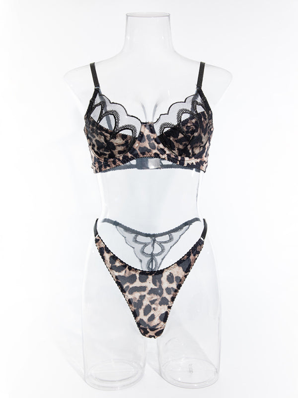 Ultra-thin lace leopard print bra Panties comfortable sexy Two Pieces set