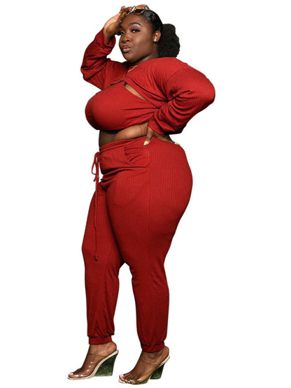 Plus size women Fashion Chest Opening Hollow Solid Color Ribbed Three-Piece Suit