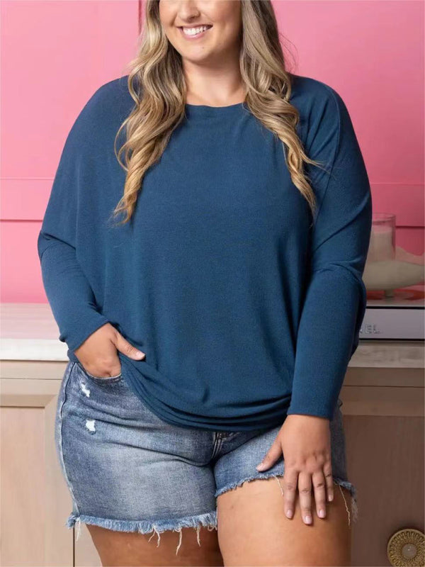 Plus size women's casual solid color long sleeve T-shirt Tops