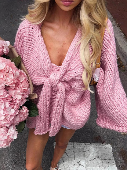 Women Solid Color Loose Warm Fashion Knitted Cute Bow Sweater Cardigan Jacket