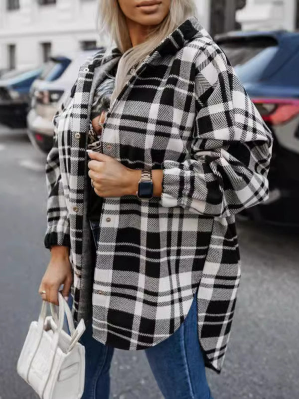 Women loose fashion casual hooded plaid Tops Coat jacket