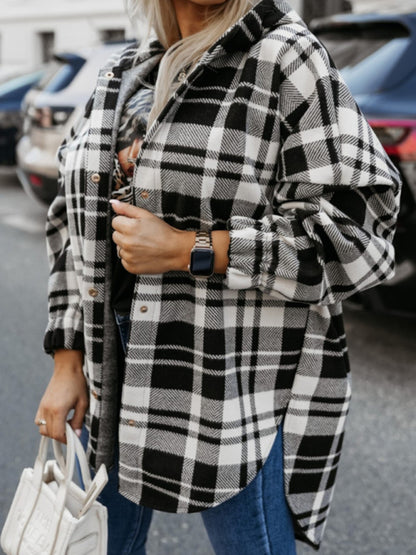 Women loose fashion casual hooded plaid Tops Coat jacket