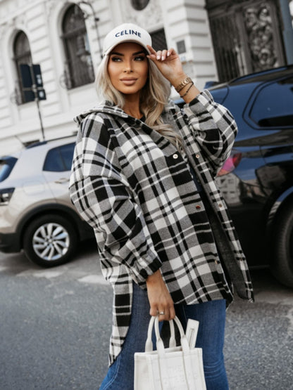 Women loose fashion casual hooded plaid Tops Coat jacket