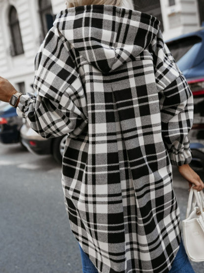 Women loose fashion casual hooded plaid Tops Coat jacket