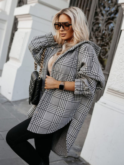 Women loose fashion casual hooded plaid Tops Coat jacket