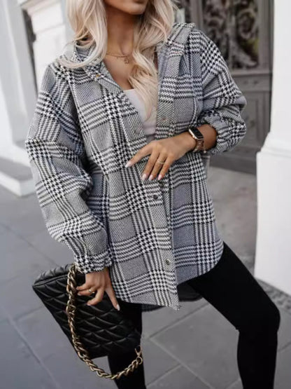 Women loose fashion casual hooded plaid Tops Coat jacket