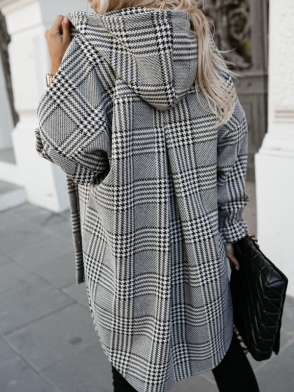 Women loose fashion casual hooded plaid Tops Coat jacket