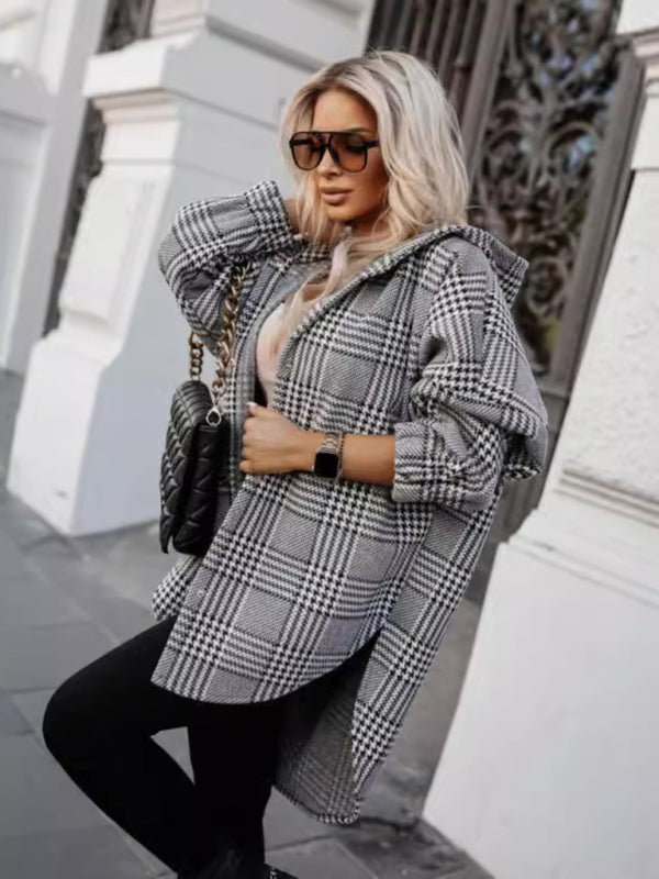 Women loose fashion casual hooded plaid Tops Coat jacket