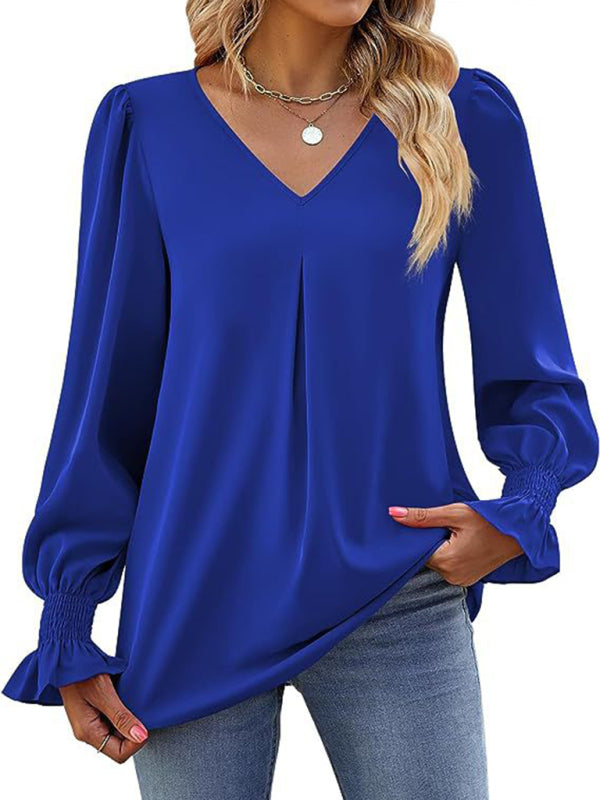 women solid color chiffon V-neck pullover flared long-sleeved tops shirt