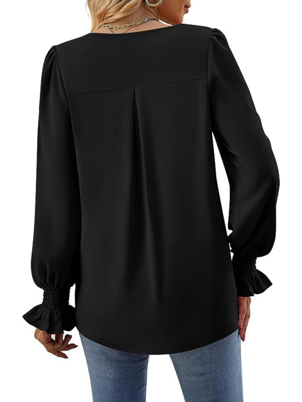 women solid color chiffon V-neck pullover flared long-sleeved tops shirt