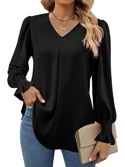 women solid color chiffon V-neck pullover flared long-sleeved tops shirt