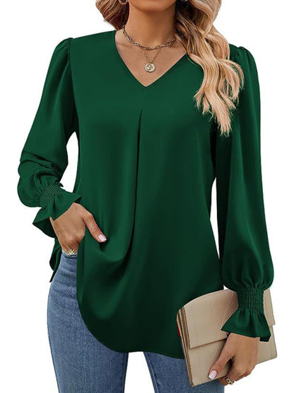 women solid color chiffon V-neck pullover flared long-sleeved tops shirt