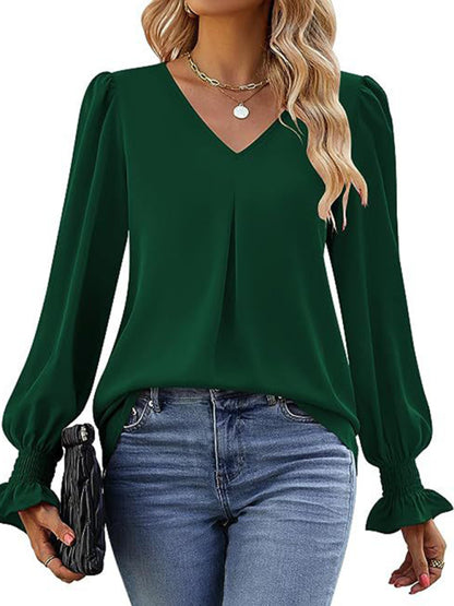 women solid color chiffon V-neck pullover flared long-sleeved tops shirt